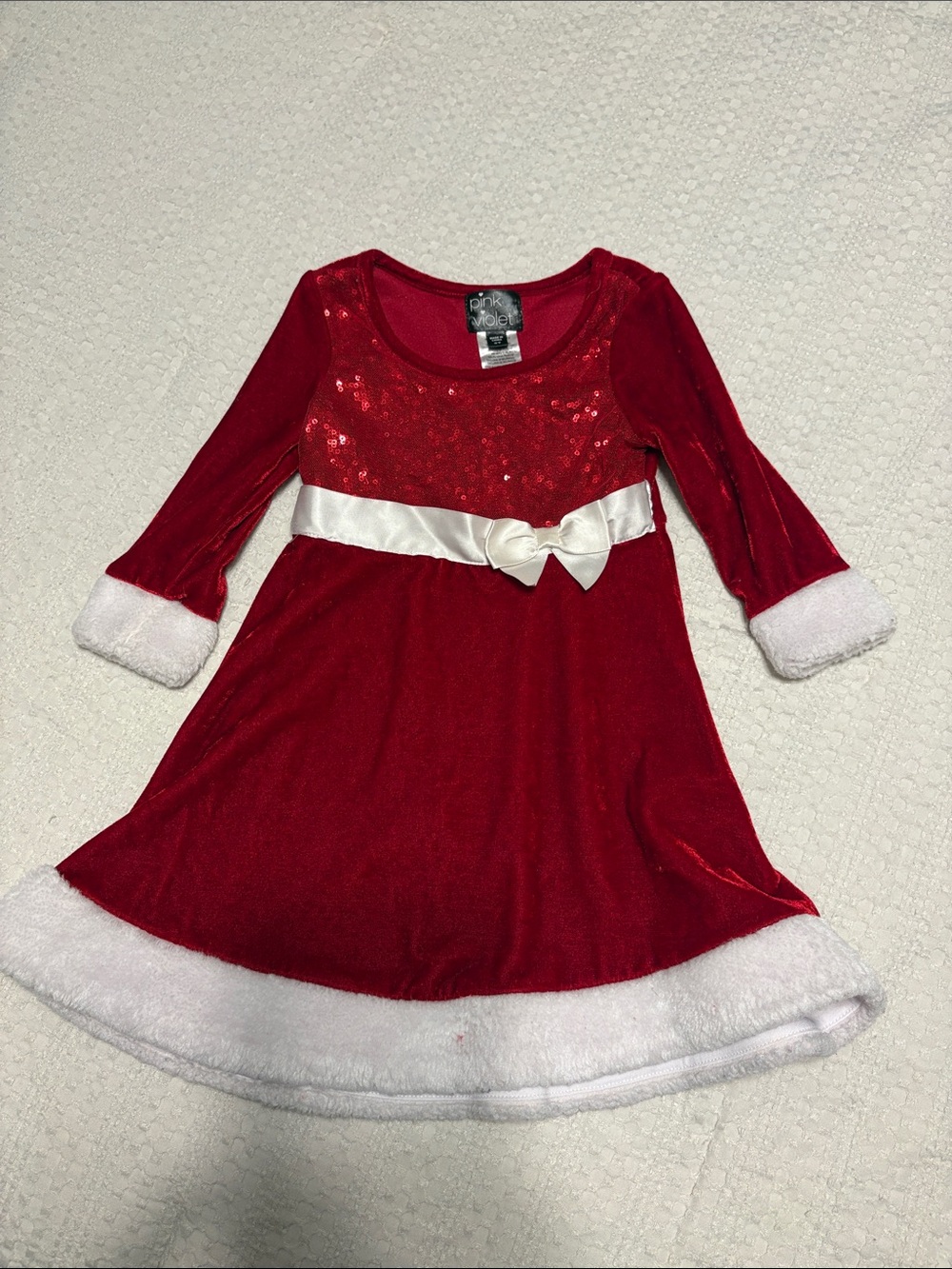 Red Velvet Holiday Dress with White Trim and Satin Bow